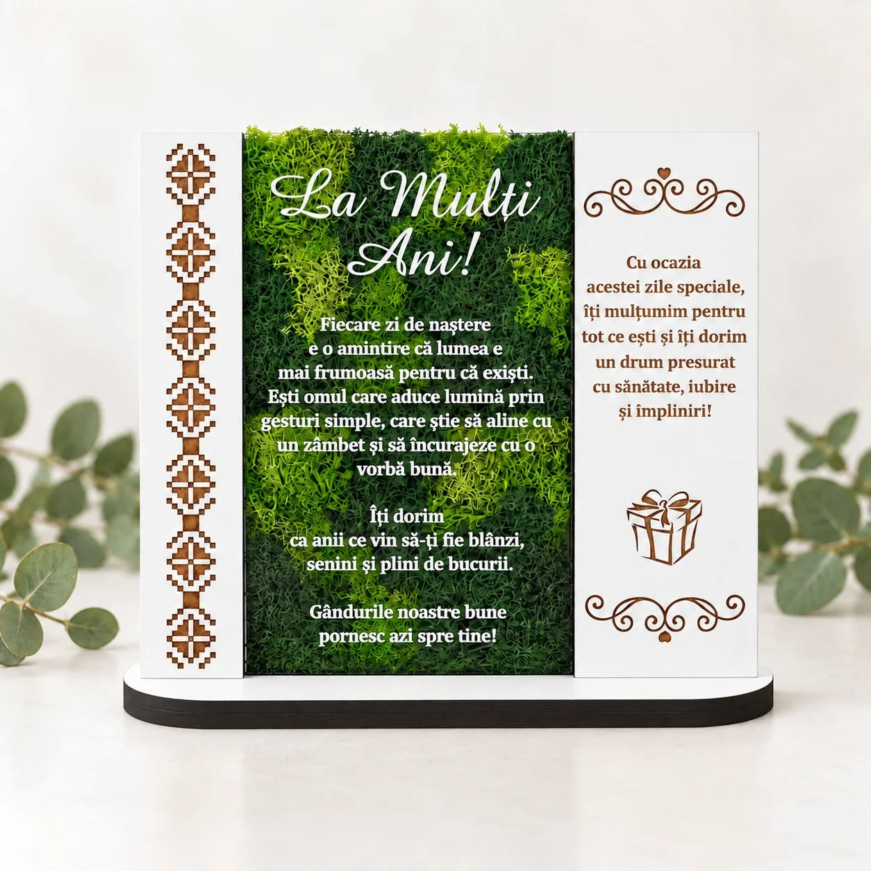 Trofeu aniversar „La Mulți Ani!” cu licheni și gravură