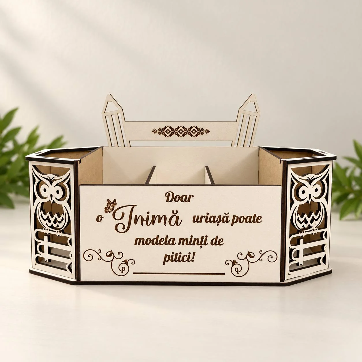 Organizator de birou din lemn „Bufniță”
