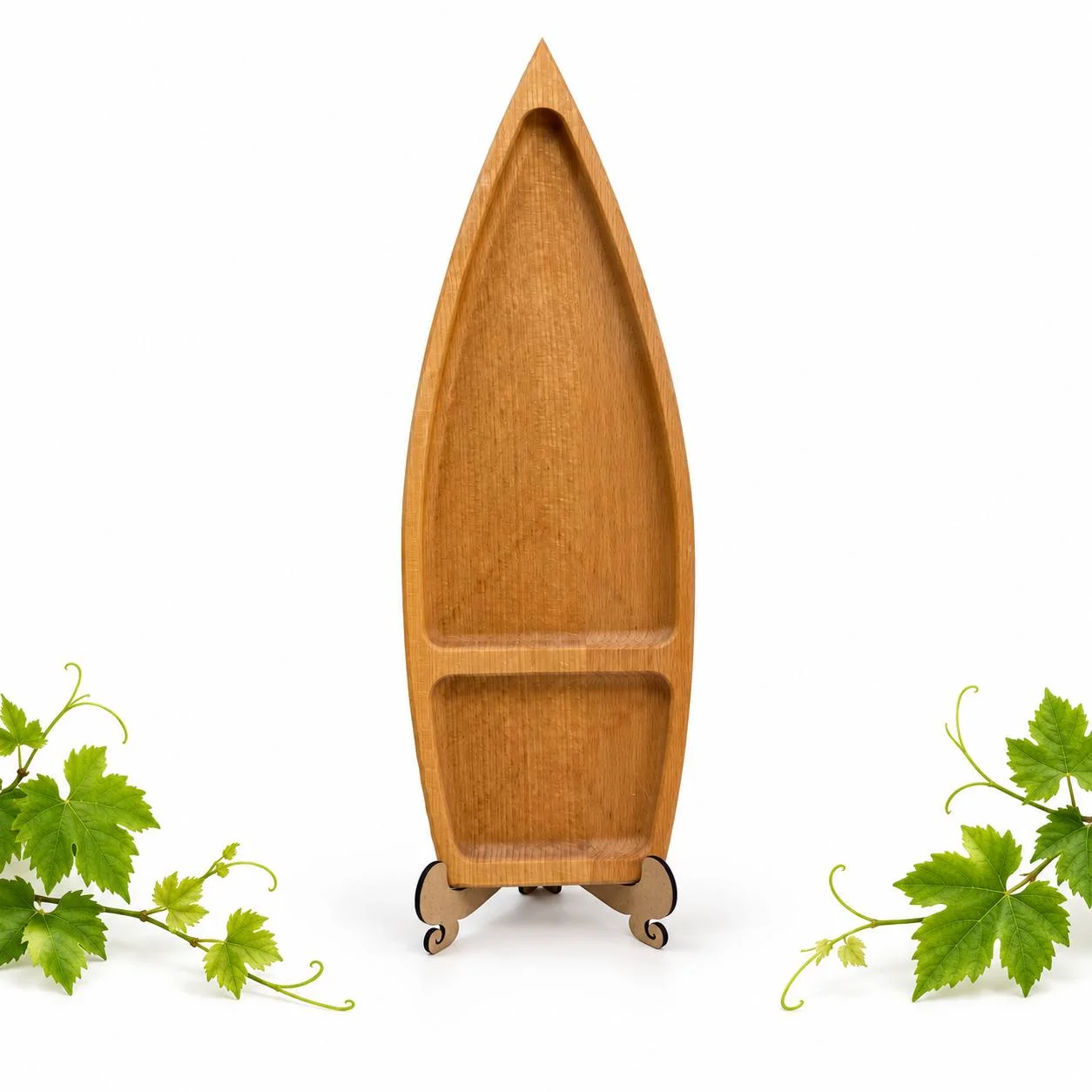 Platou din lemn natural în formă de bărcuță – 2 compartimente
